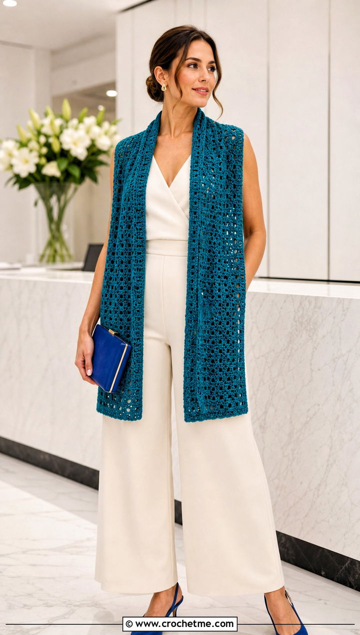 Rectangular Crochet Stole With Tailored Jumpsuit - 20 Elegant Crochet Shawl outfit ideas
