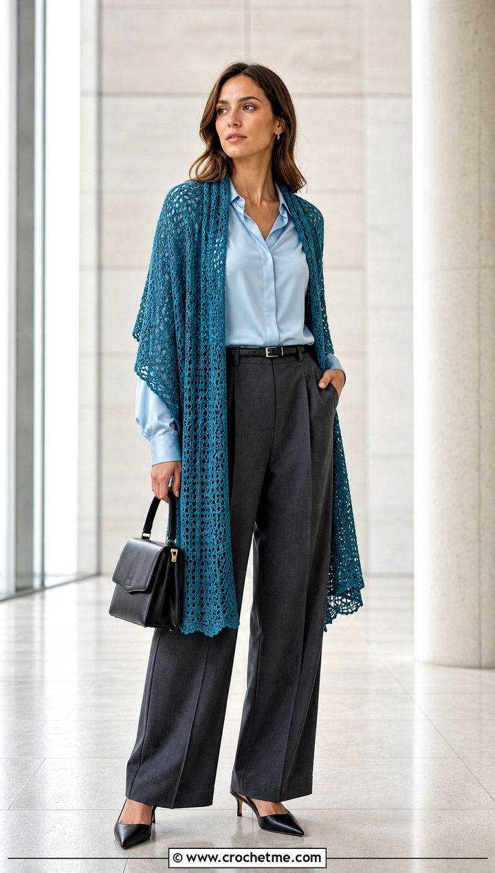 Rectangular Crochet Stole With Tailored Trousers - 30 crochet shawl wraps outfit ideas