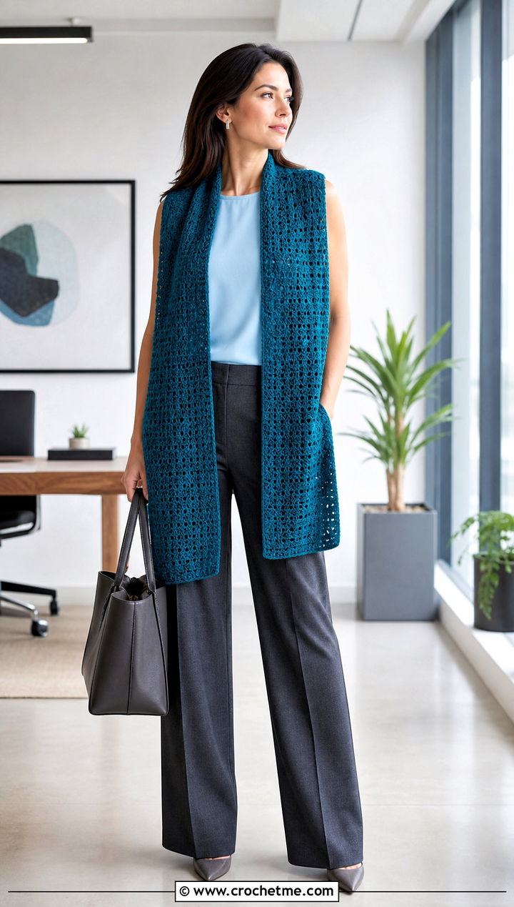 Rectangular Crochet Stole With Tailored Trousers - 15 Beginner Crochet Wrap outfit ideas