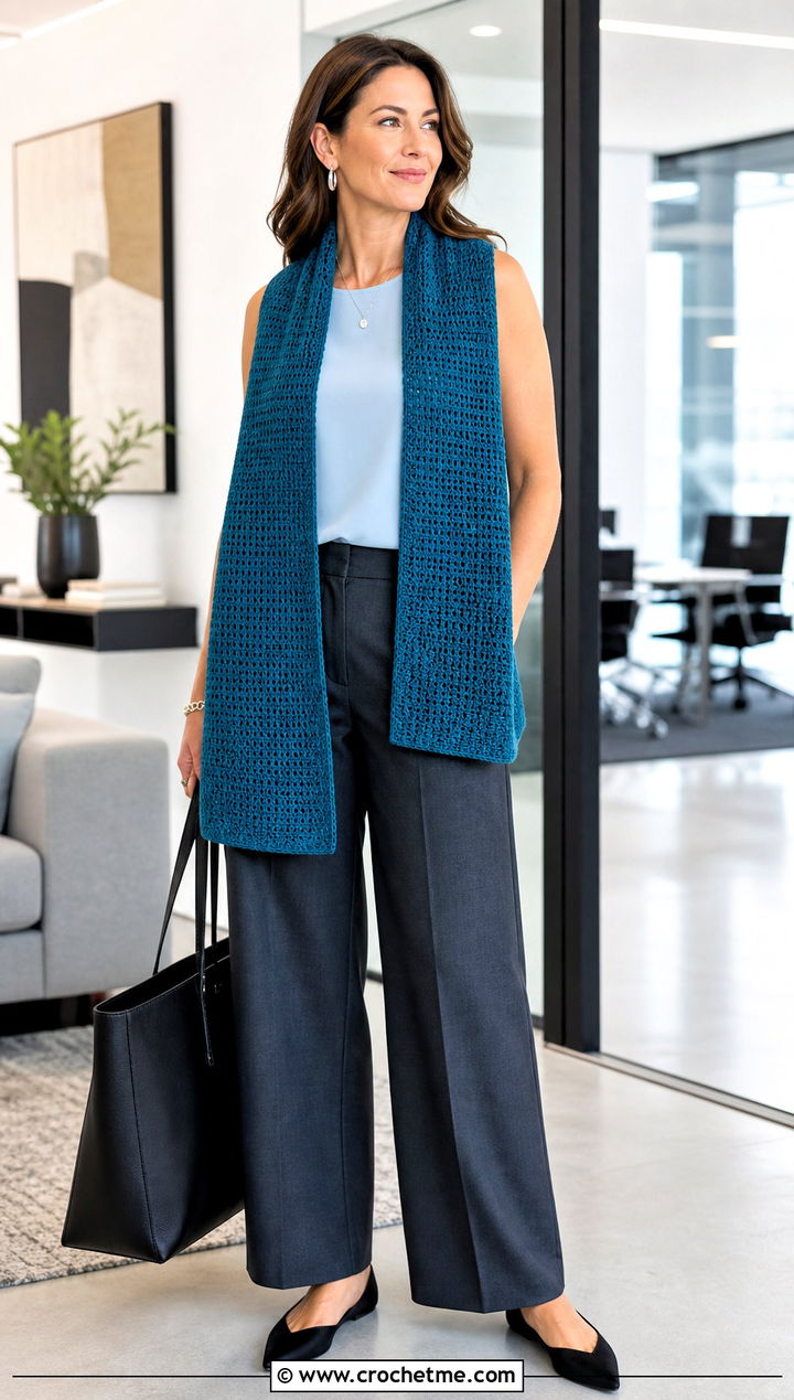 Rectangular Crochet Stole With Tailored Trousers - 30 crochet shawl wrap outfit ideas