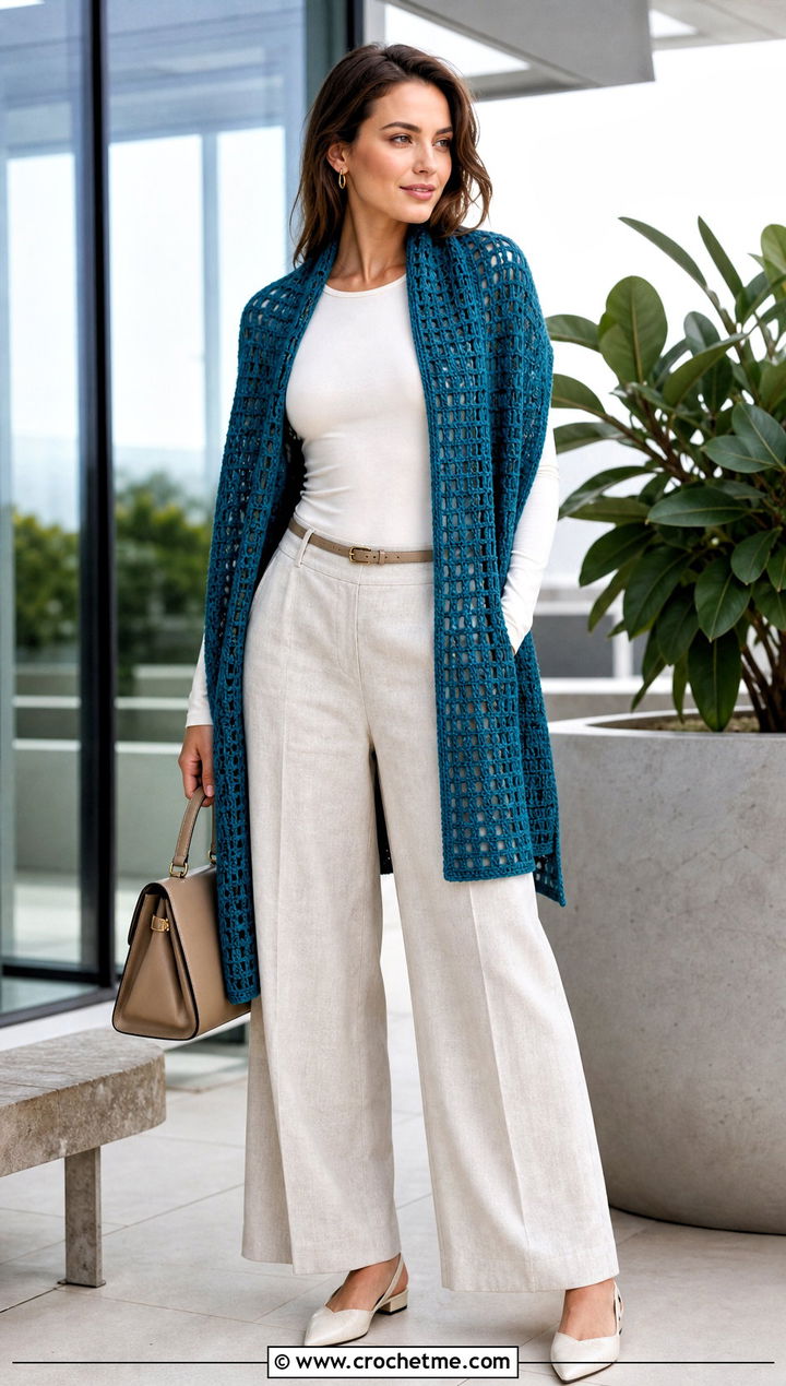 Rectangular Crochet Stole With Wide Leg Trousers - 30 summer crochet shawl outfit ideas