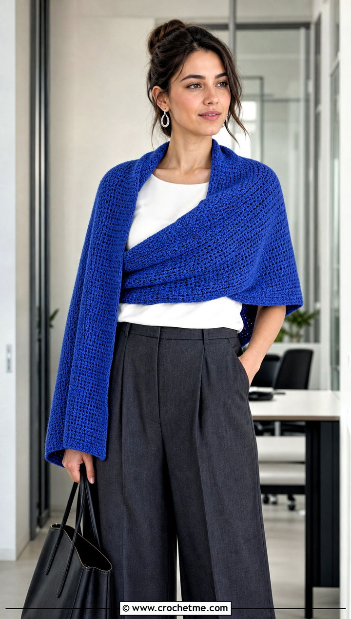 Rectangular Crochet Stole Wrap With Tailored Trousers - 15 Crochet Wraps outfit ideas