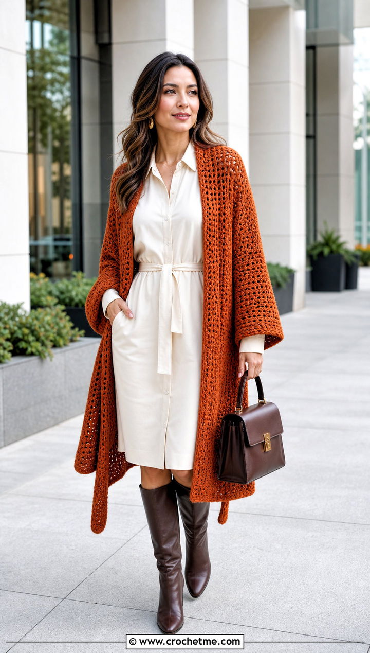 Rectangular Crochet Sweater Shawl With Shirt Dress - 25 crochet sweater shawl outfit ideas