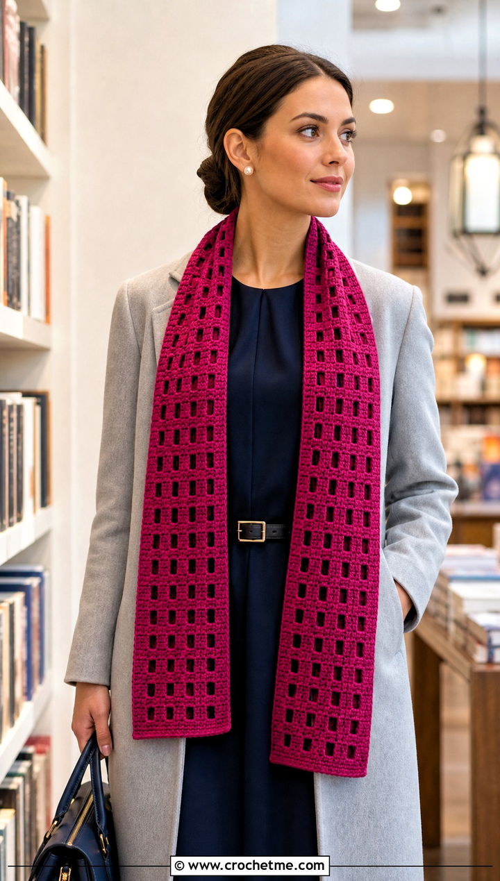 Rectangular Crochet Windowpane Scarf With Midi Dress - 15 crochet windowpane scarf outfit ideas