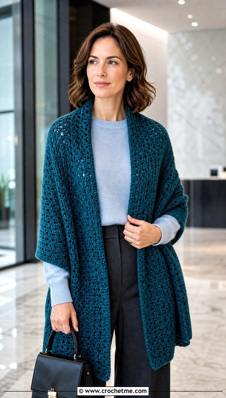 Rectangular Crochet Winter Shawl With Tailored Trousers - 15 Crochet Winter Shawl outfit ideas