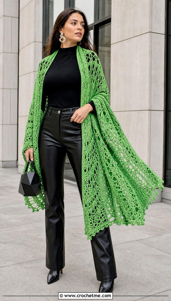 Rectangular Crochet Wrap Shawl With Leather Pants - 25 Stevie Nicks Crochet Shawl outfit ideas