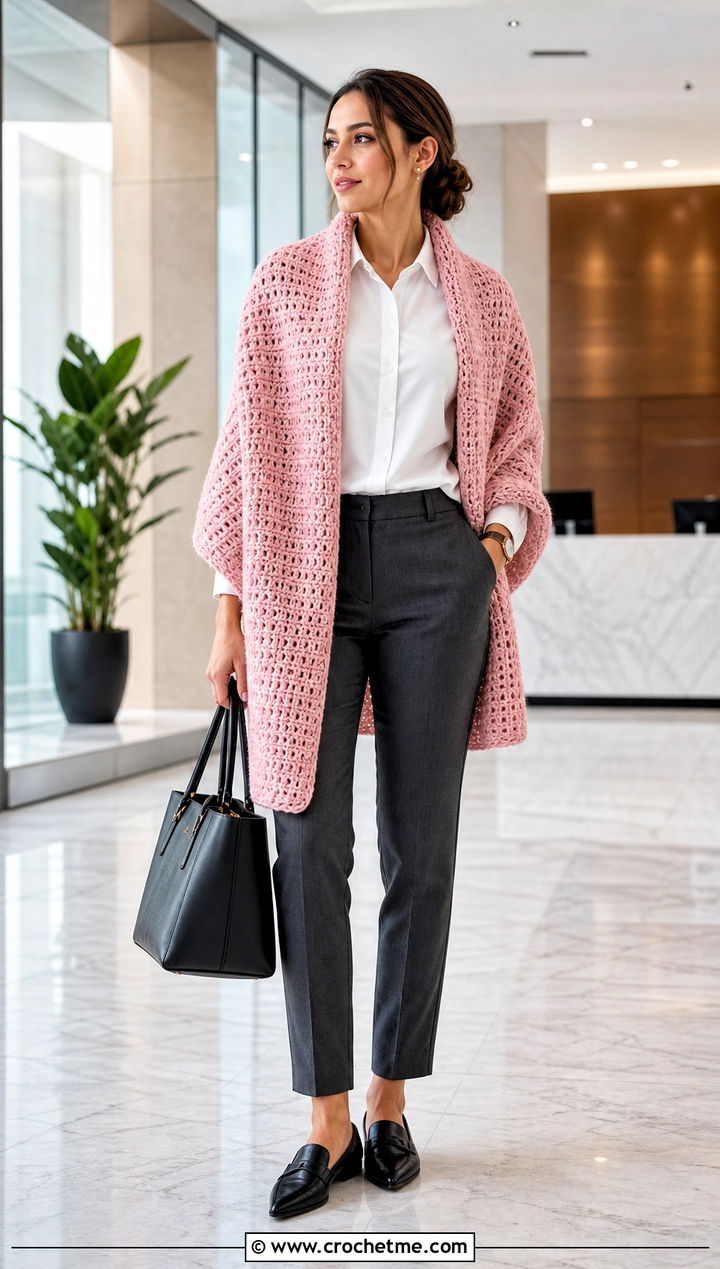 Rectangular Crochet Wrap Shawl With Tailored Trousers - 20 Crochet Shawl Worsted Weight Yarn outfit ideas