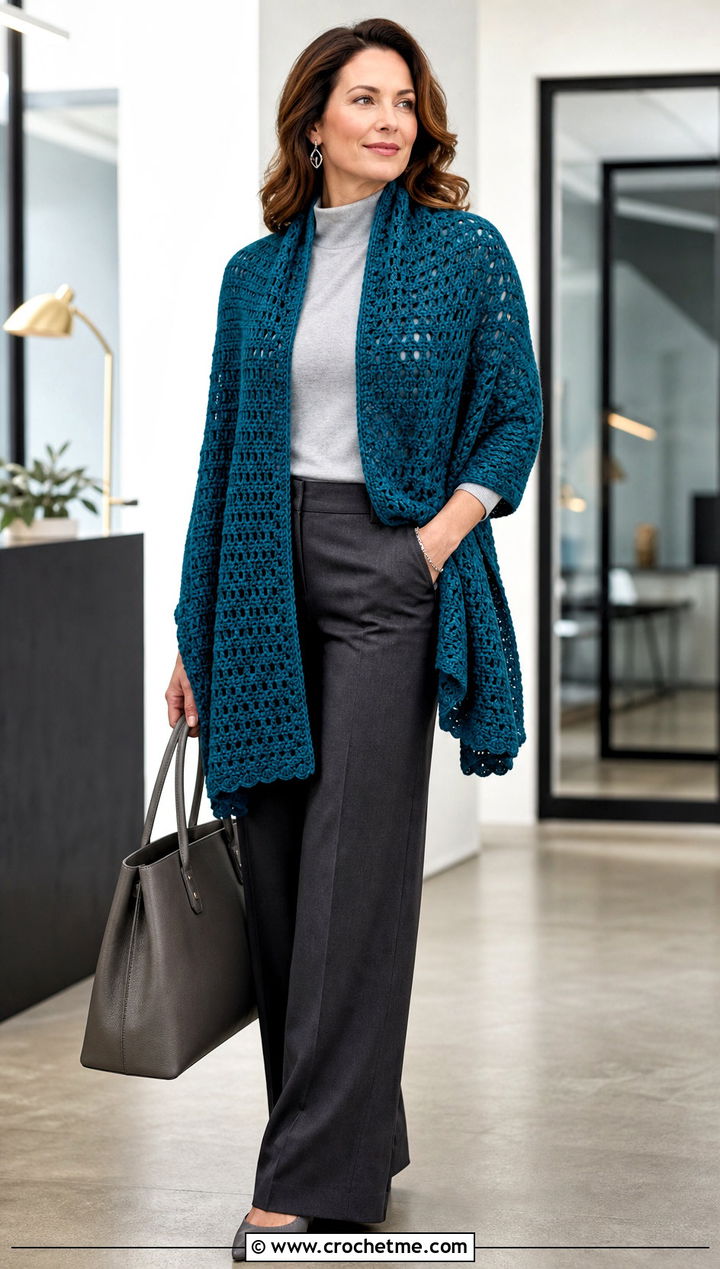 Rectangular Crochet Wrap Shawl With Tailored Trousers - 25 crochet for shawls outfit ideas