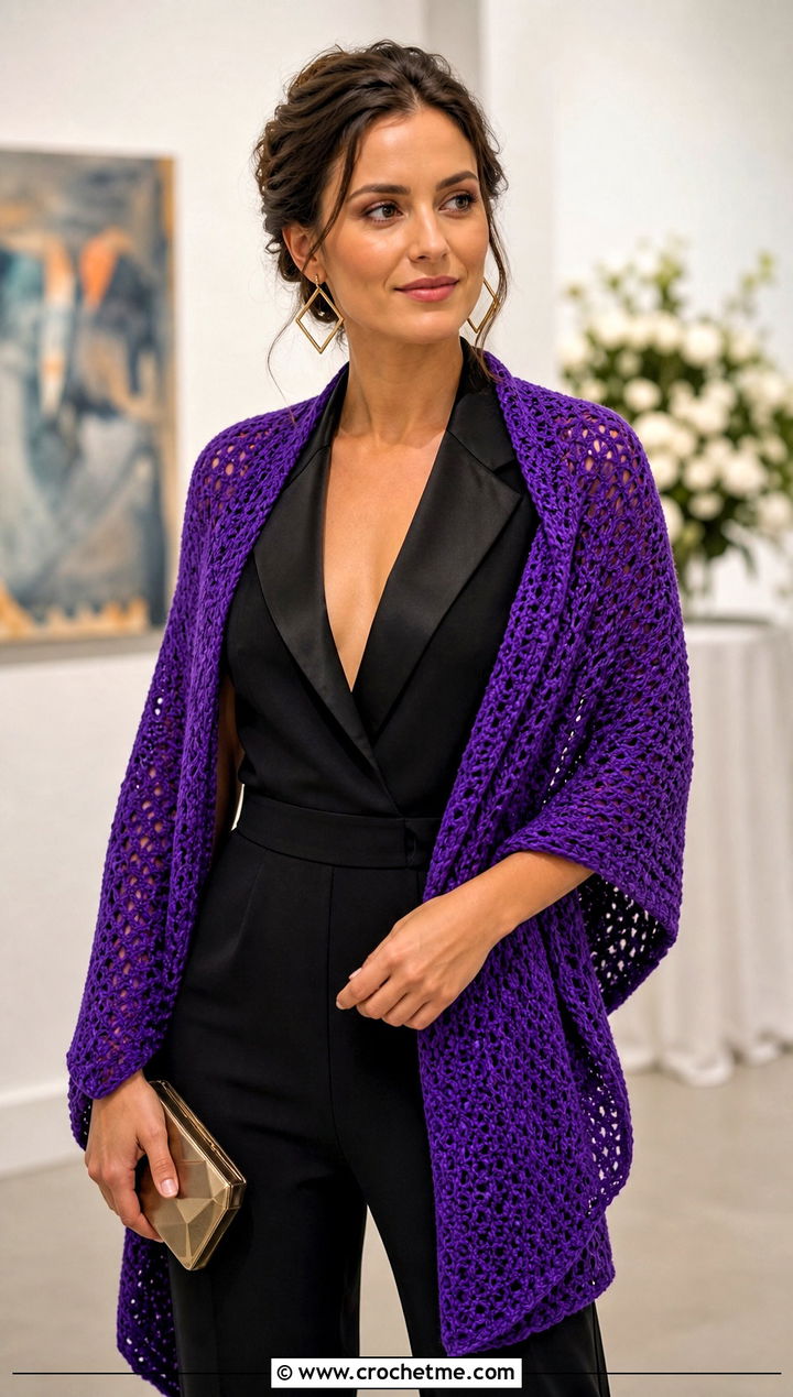 Rectangular Crochet Wrap Shawl With Tuxedo Jumpsuit - 15 Winter Wedding Crochet Shawl outfit ideas