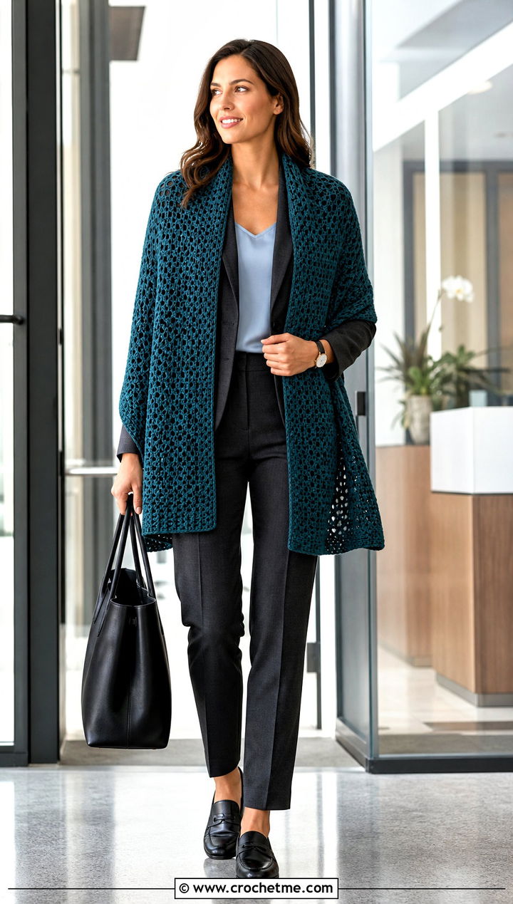 Rectangular Crochet Wrap With Blazer And Trousers - 30 simple crochet shawls and wraps outfit ideas
