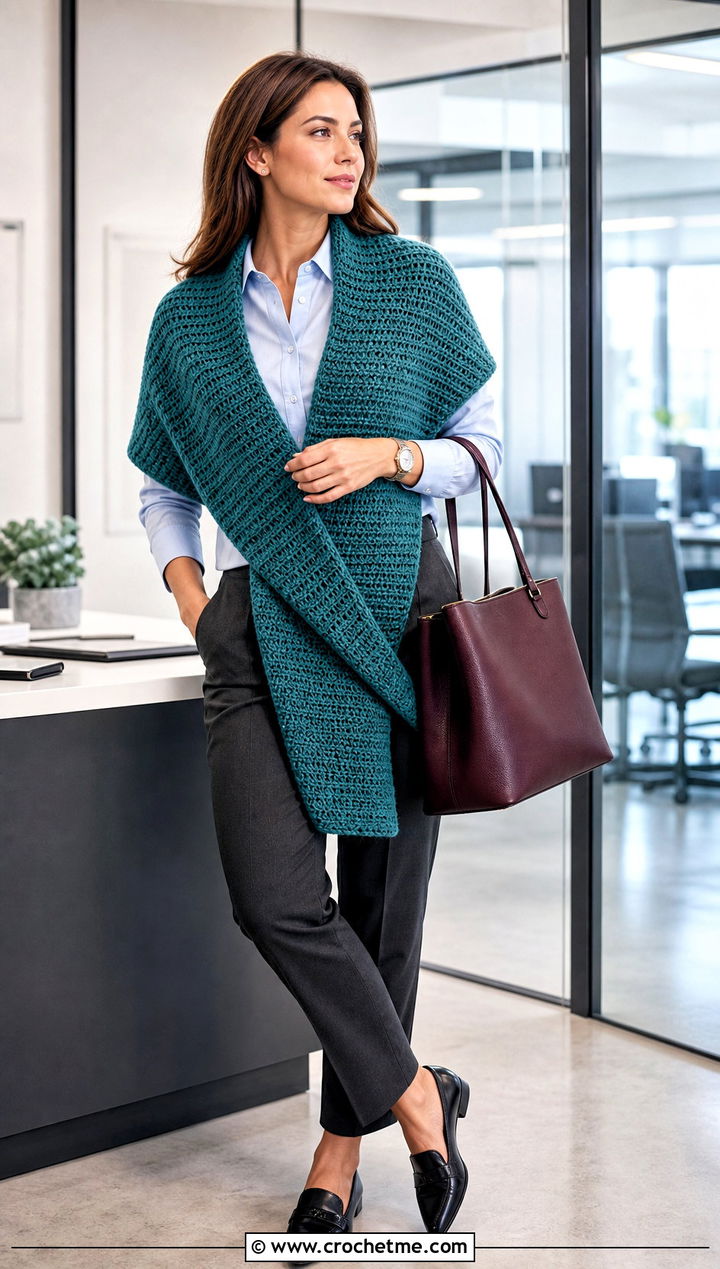 Rectangular Crochet Wrap With Tailored Trousers - 25 beautiful crochet shawls and wraps outfit ideas