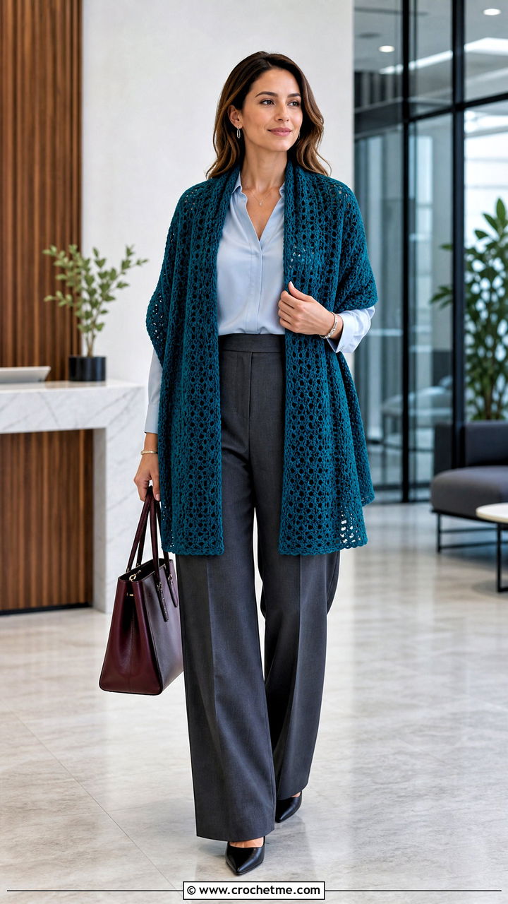 Rectangular Crochet Wrap With Tailored Trousers - 35 crochet shawls and wraps outfit ideas