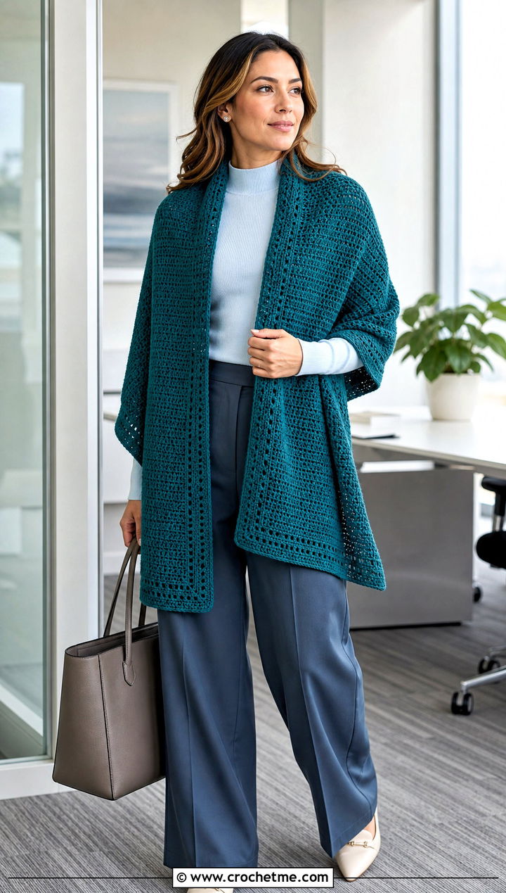 Rectangular Crochet Wrap With Wide Leg Trousers - 25 Crochet For Shawl outfit ideas