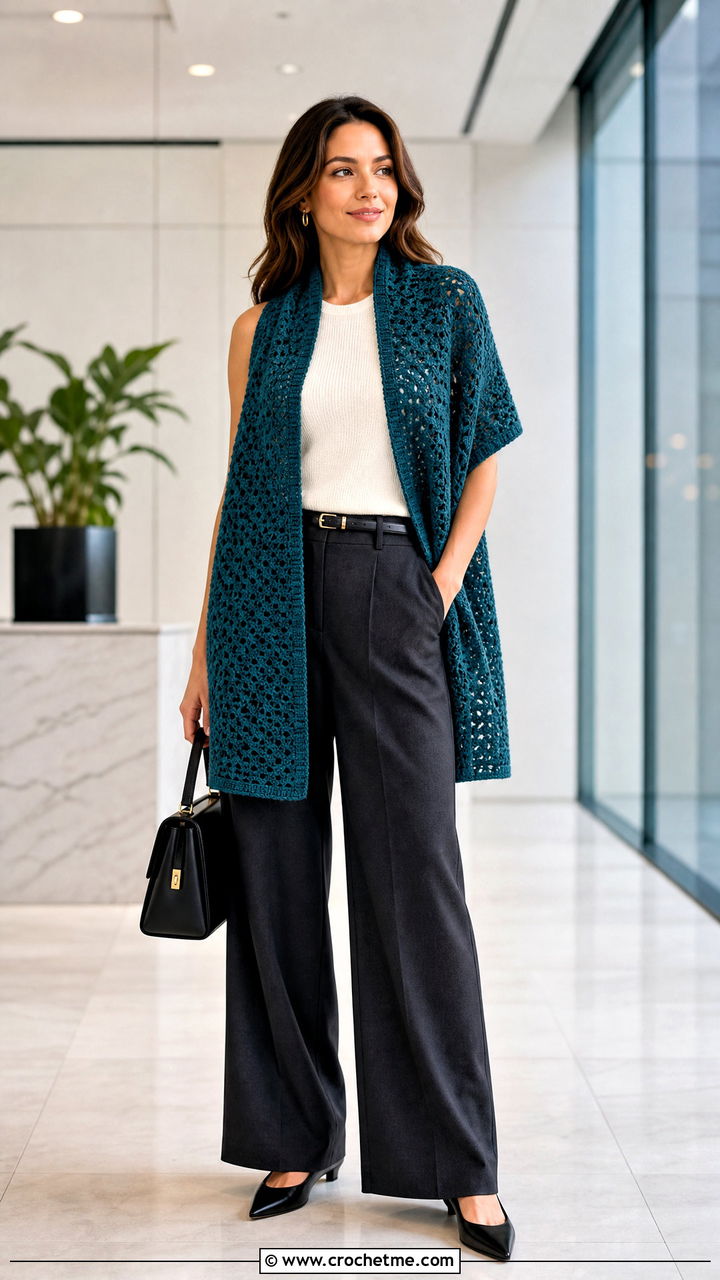 Rectangular Crochet Wrap With Wide Leg Trousers - 35 Crocheted Shawls And Wraps outfit ideas