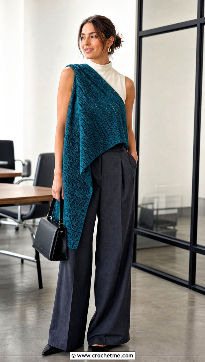 Rectangular Crocheted Shawl With A Tailored Work Outfit - 20 Crocheted Shawl outfit ideas