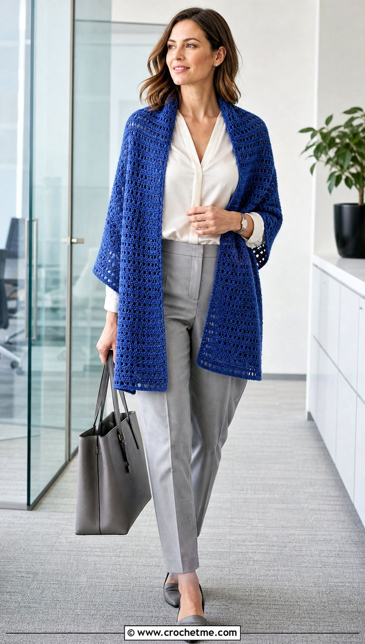 Rectangular DK Yarn Crochet Shawl With Tailored Trousers - 25 Crochet Shawl Dk Yarn outfit ideas
