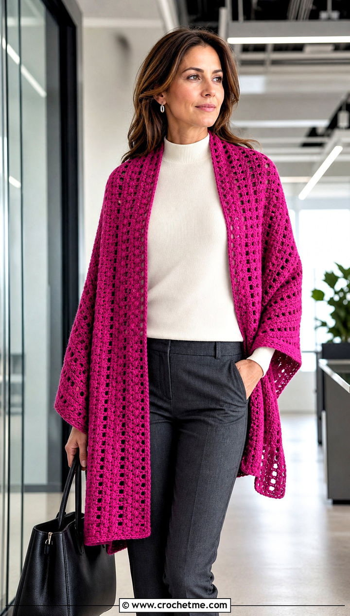 Rectangular Double Crochet Shawl With Tailored Trousers - 20 Double Crochet Shawl outfit ideas