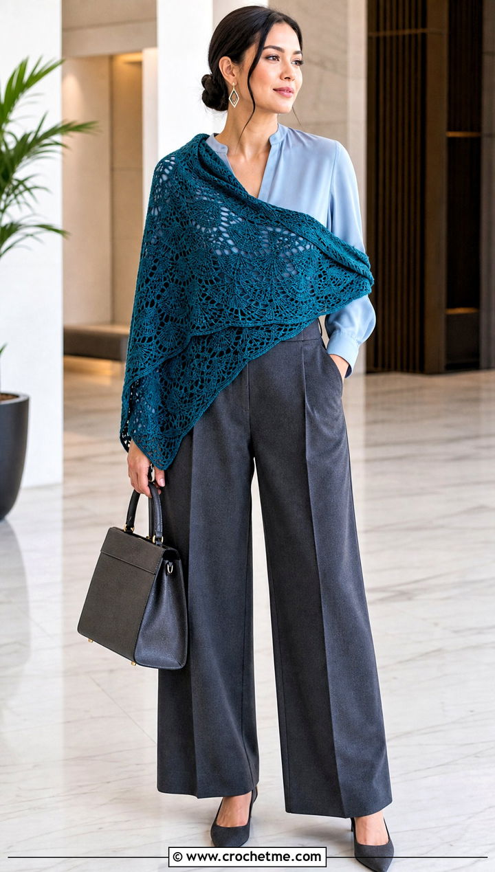 Rectangular Fan Stitch Shawl With Tailored Trousers - 20 Crochet Fan Stitch Shawl outfit ideas