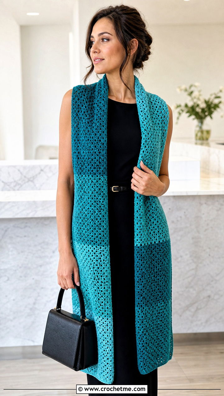 Rectangular Faux Fade Crochet Wrap With Column Dress - 15 Crochet Fade Shawl outfit ideas