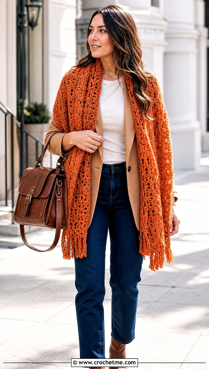 Rectangular Feather Crochet Shawl With Blazer And Jeans - 30 crochet feather shawl outfit ideas