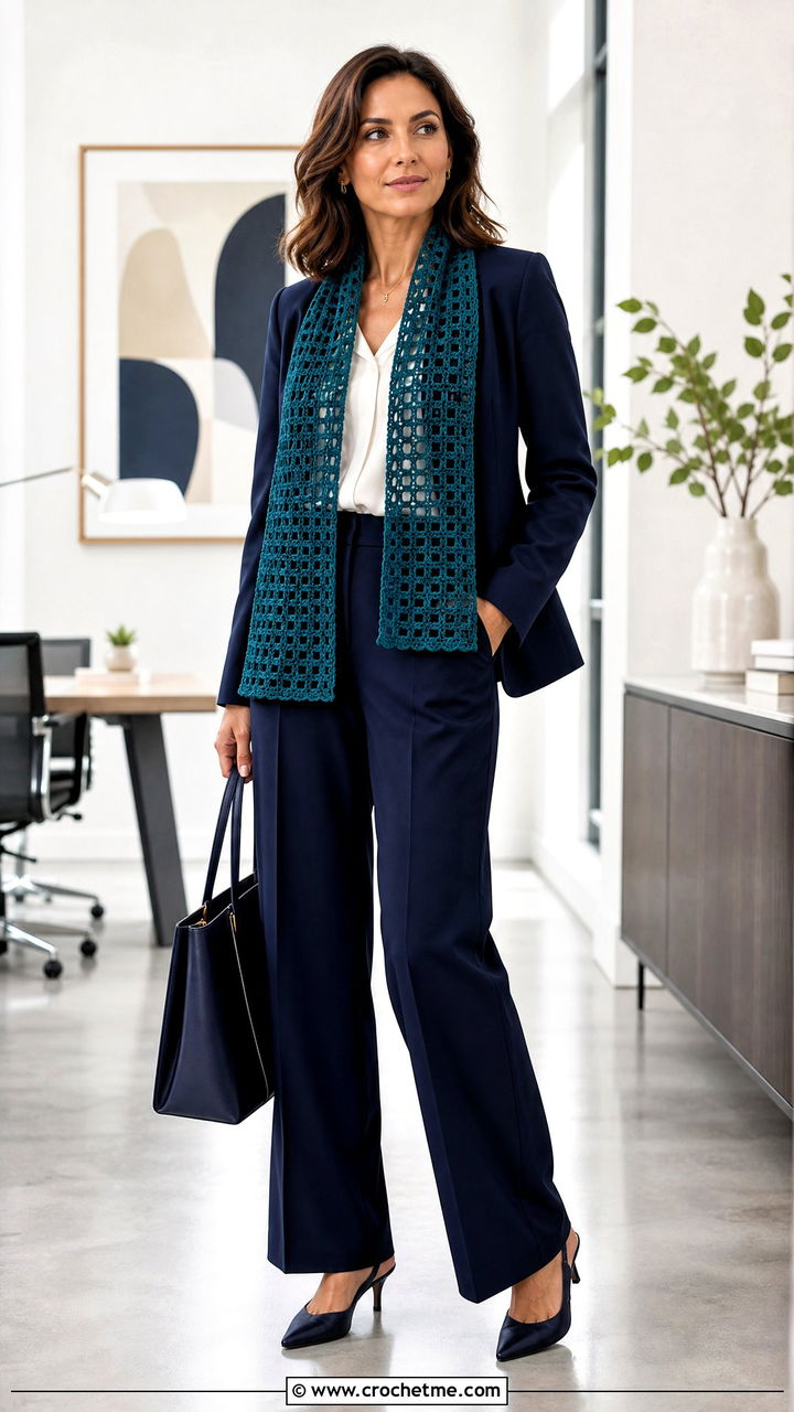 Rectangular Filet Crochet Lace Scarf With Blazer And Wide Leg Pants - 35 crochet lace scarf outfit ideas
