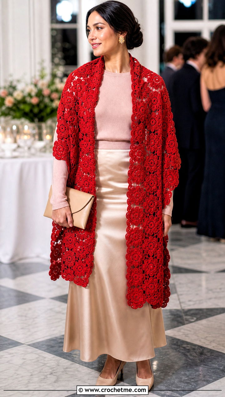 Rectangular Floral Wrap With Satin Skirt And Heels - 15 Crochet Floral Shawl outfit ideas