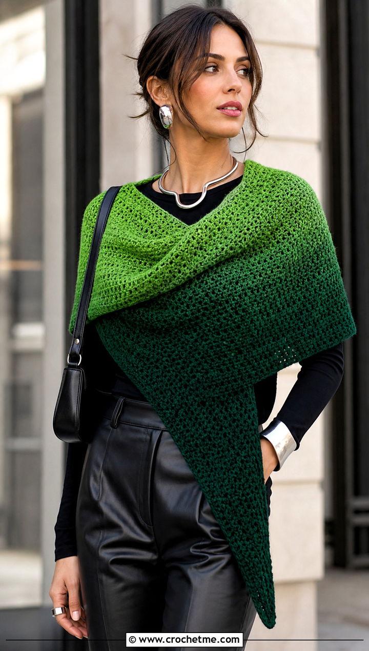 Rectangular Gradient Wrap Shawl With Leather Pants - 15 Crochet Gradient Shawl outfit ideas
