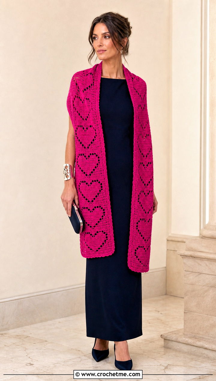 Rectangular Heart Crochet Shawl With Column Dress - 25 Heart Crochet Shawl outfit ideas