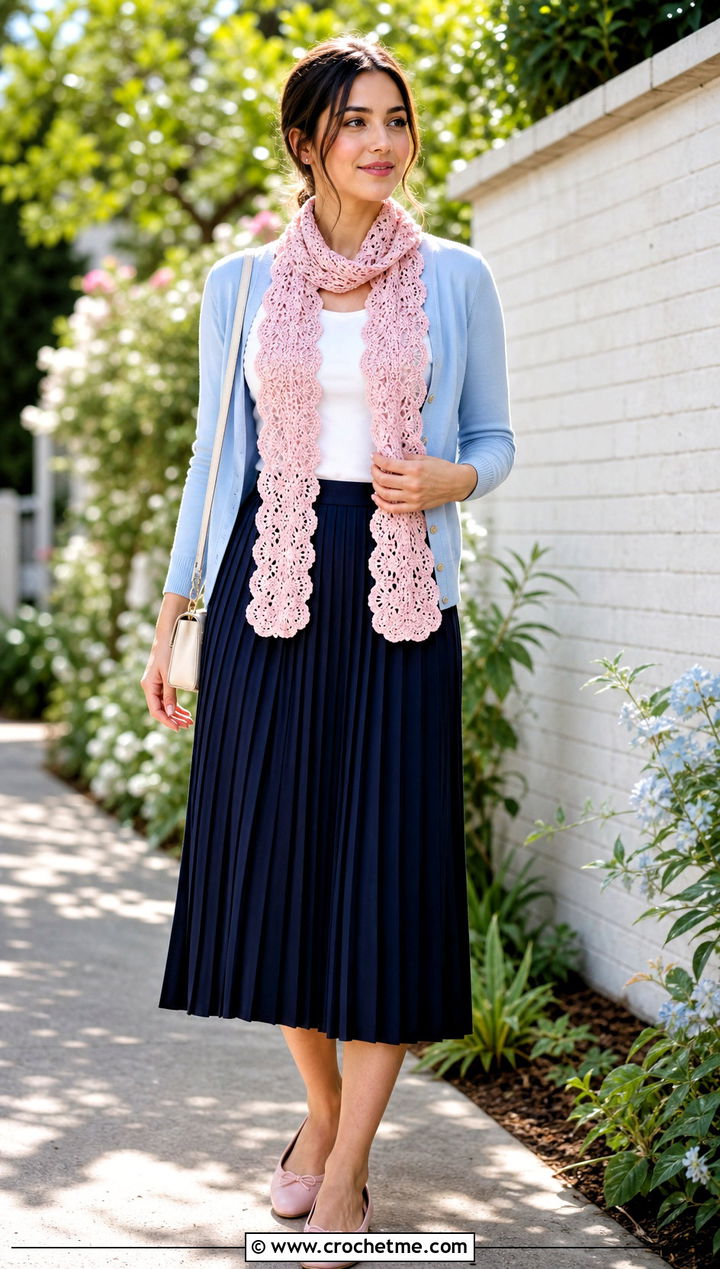 Rectangular Lace Crochet Scarf With Cardigan And Pleated Skirt - 15 Easy Lace Crochet Scarf outfit ideas