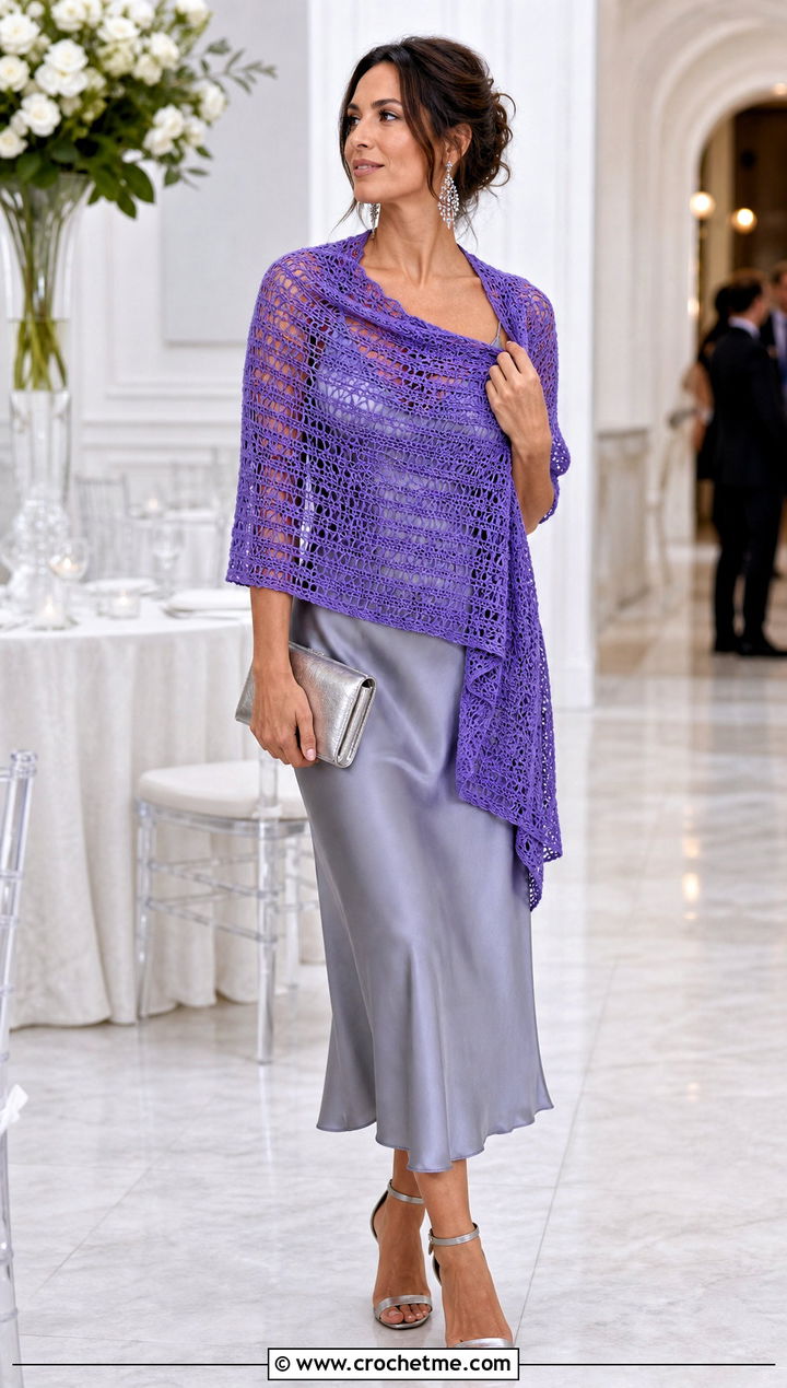 Rectangular Lace Crochet Shawl With Slip Dress - 15 Easy Lacy Crochet Shawl outfit ideas