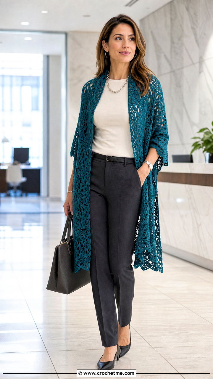 Rectangular Lace Crochet Shawl With Tailored Trousers - 35 lacy crochet shawl outfit ideas