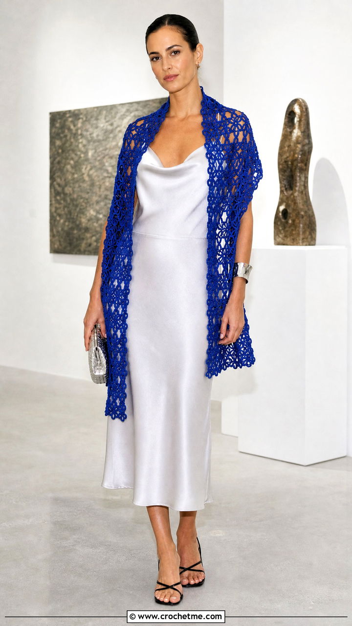 Rectangular Lace Crochet Stole With Slip Dress - 35 crochet wrap outfit ideas