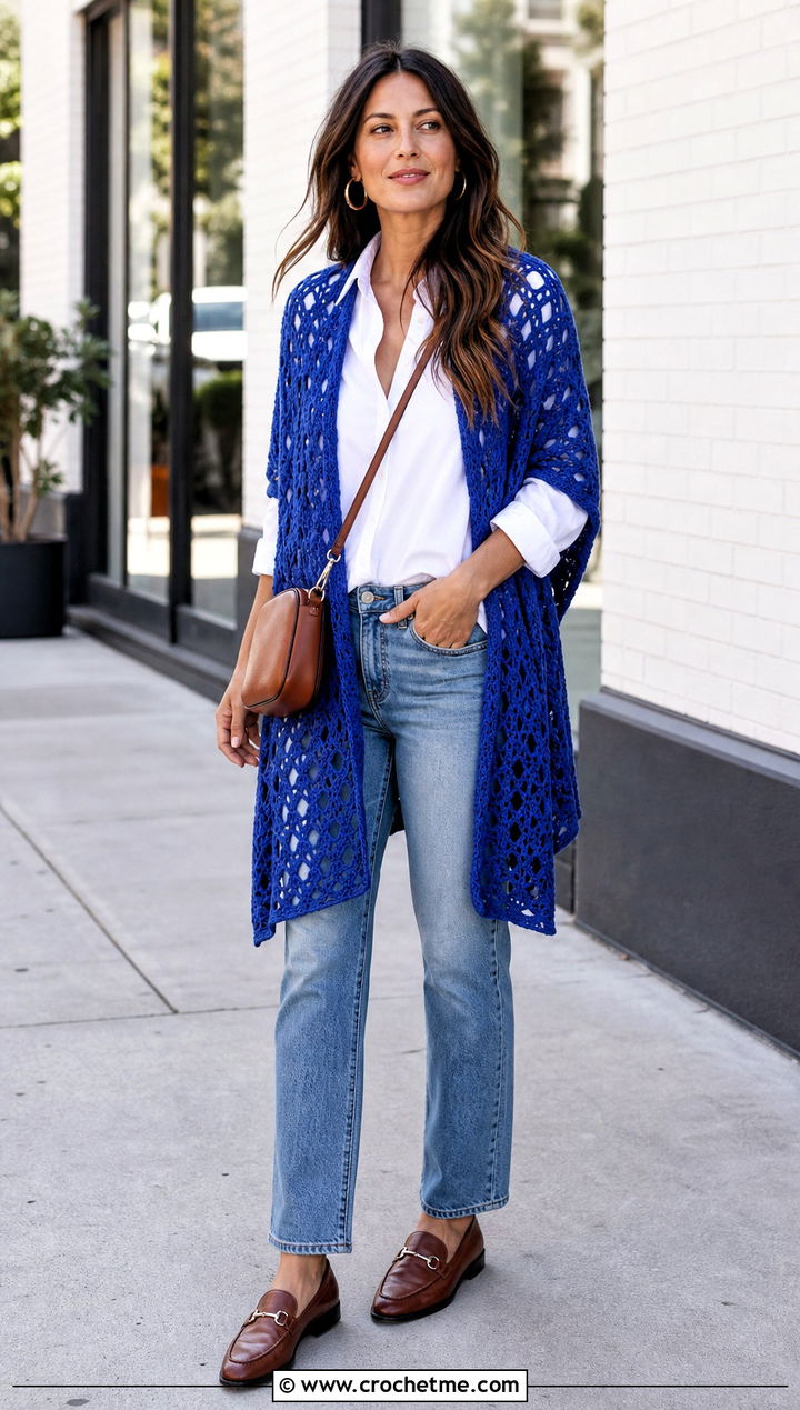 Rectangular Lace Crochet Wrap With White Shirt And Jeans - 15 Crochet Spring Wrap outfit ideas