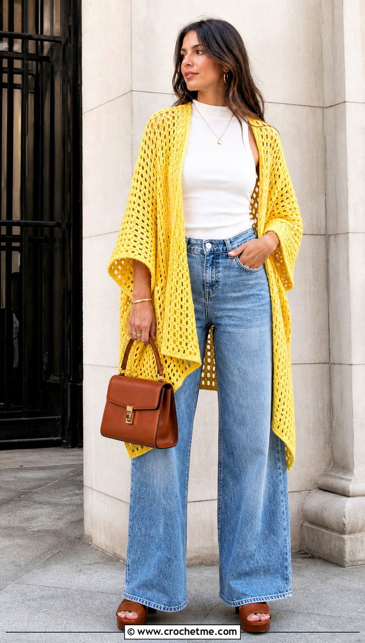 Rectangular Lightweight Crochet Poncho With Wide Leg Jeans - 15 Lightweight Crochet Poncho outfit ideas