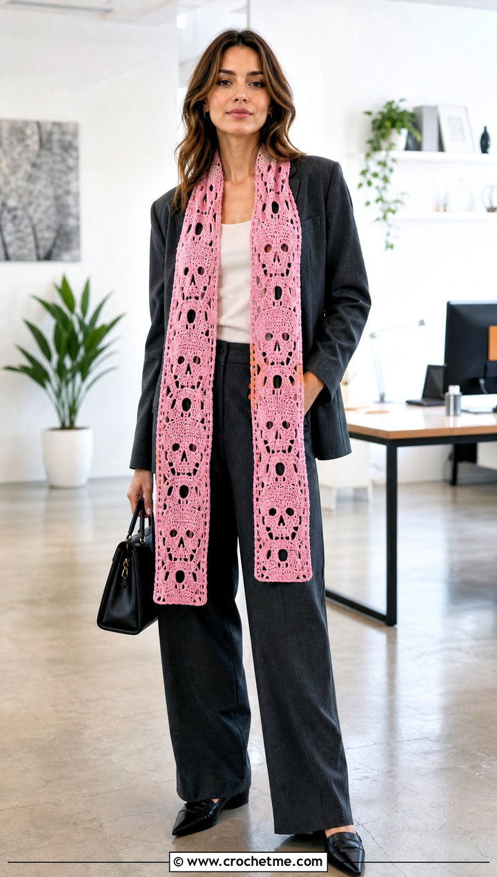 Rectangular Lost Souls Stole With Tailored Suit - 35 crochet lost souls shawl outfit ideas