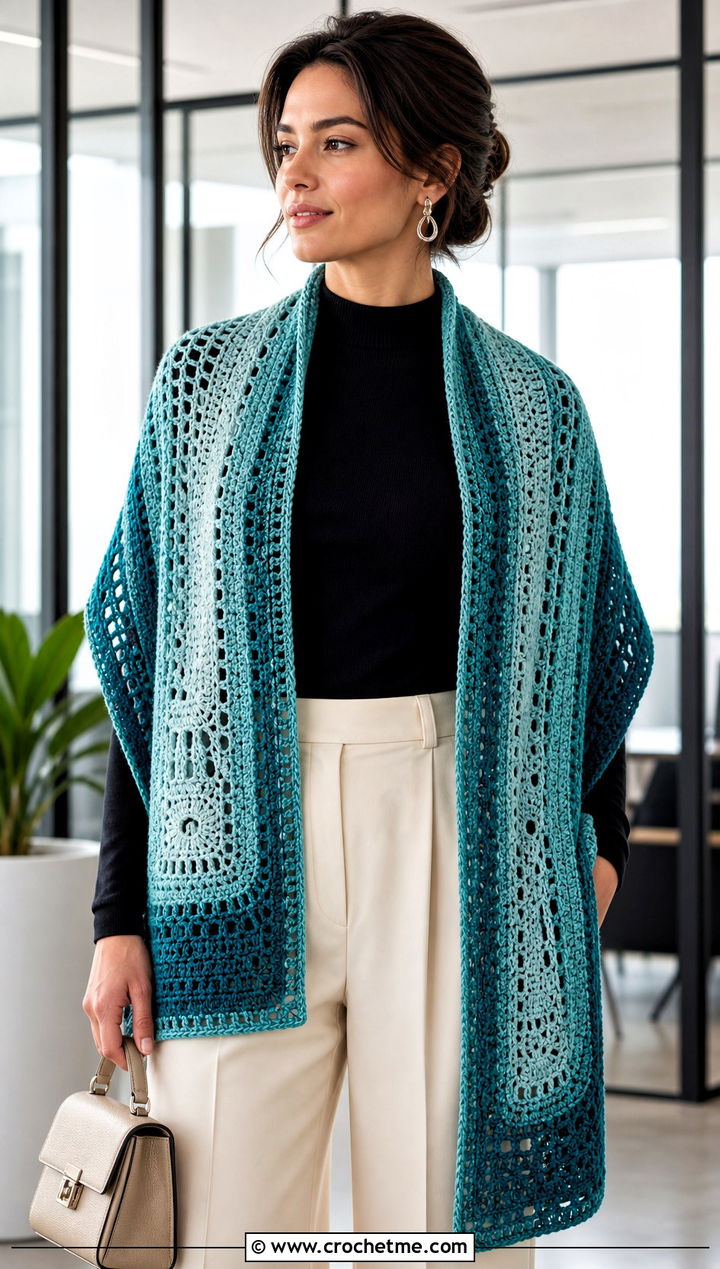 Rectangular Mandala Yarn Crochet Shawl With Wide Leg Trousers - 20 Mandala Yarn Crochet Shawl outfit ideas