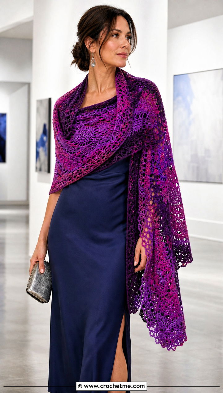 Rectangular Mandala Yarn Crochet Wrap With A Slip Dress - 15 Crochet Shawl Mandala Yarn outfit ideas