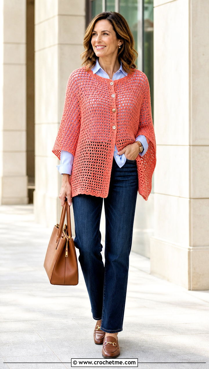 Rectangular Mesh Crochet Poncho With Button Front Shirt - 25 Mesh Crochet Poncho outfit ideas