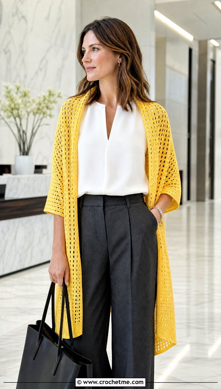 Rectangular Mesh Crochet Shawl With Tailored Trousers - 15 bright crochet shawl outfit ideas