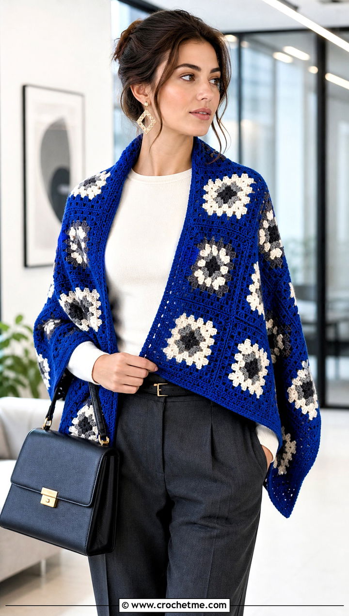 Rectangular Mosaic Crochet Wrap Shawl With Tailored Trousers - 30 mosaic crochet shawl outfit ideas