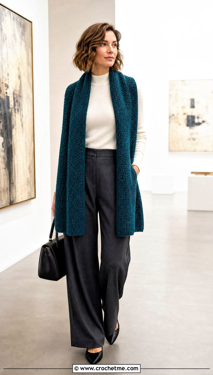 Rectangular Moss Stitch Shawl With Wide Leg Trousers - 25 Crochet Moss Stitch Shawl outfit ideas