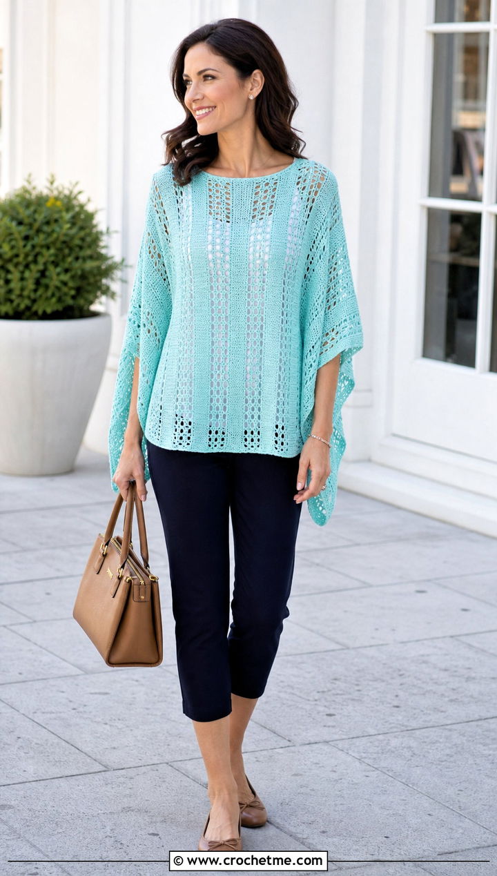 Rectangular Panel Crochet Summer Poncho With Capri Pants - 35 crochet summer poncho outfit ideas