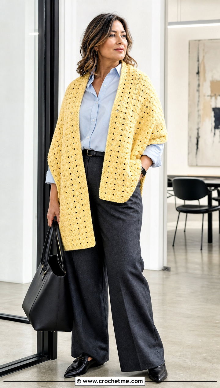 Rectangular Shell Stitch Wrap With Tailored Trousers - 20 Crochet Shell Shawl outfit ideas