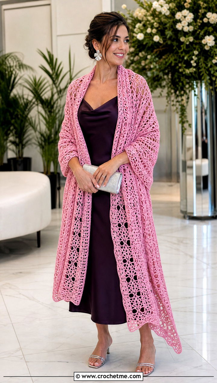 Rectangular Spiderweb Crochet Shawl With Slip Dress - 30 spiderweb crochet shawl outfit ideas