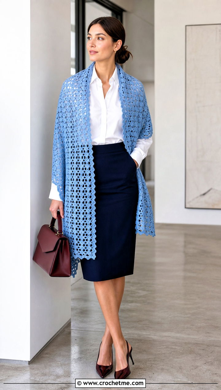 Rectangular Star Crochet Stole With Pencil Skirt - 30 star crochet shawl outfit ideas