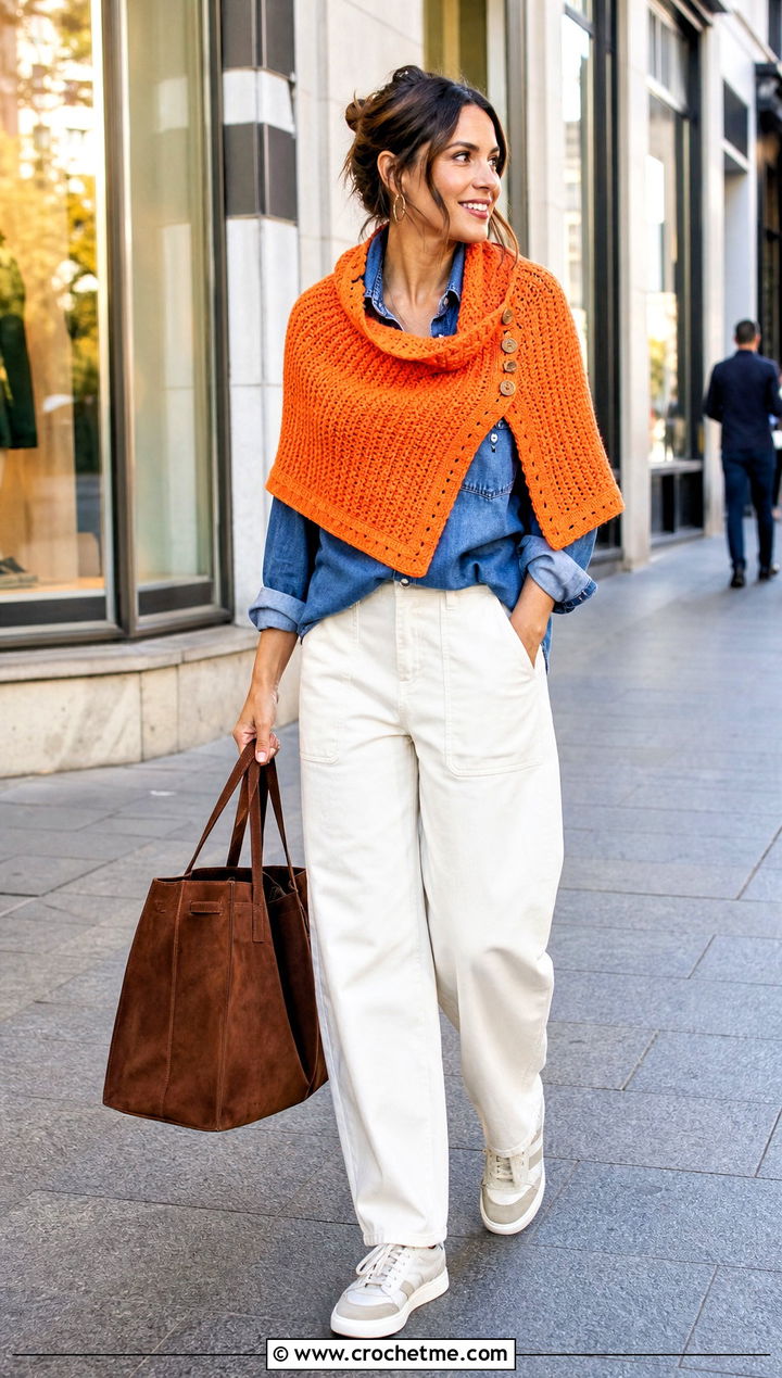Rectangular Stole Buttoned Crochet Wrap With Denim Shirt - 15 Buttoned Crochet Wrap outfit ideas