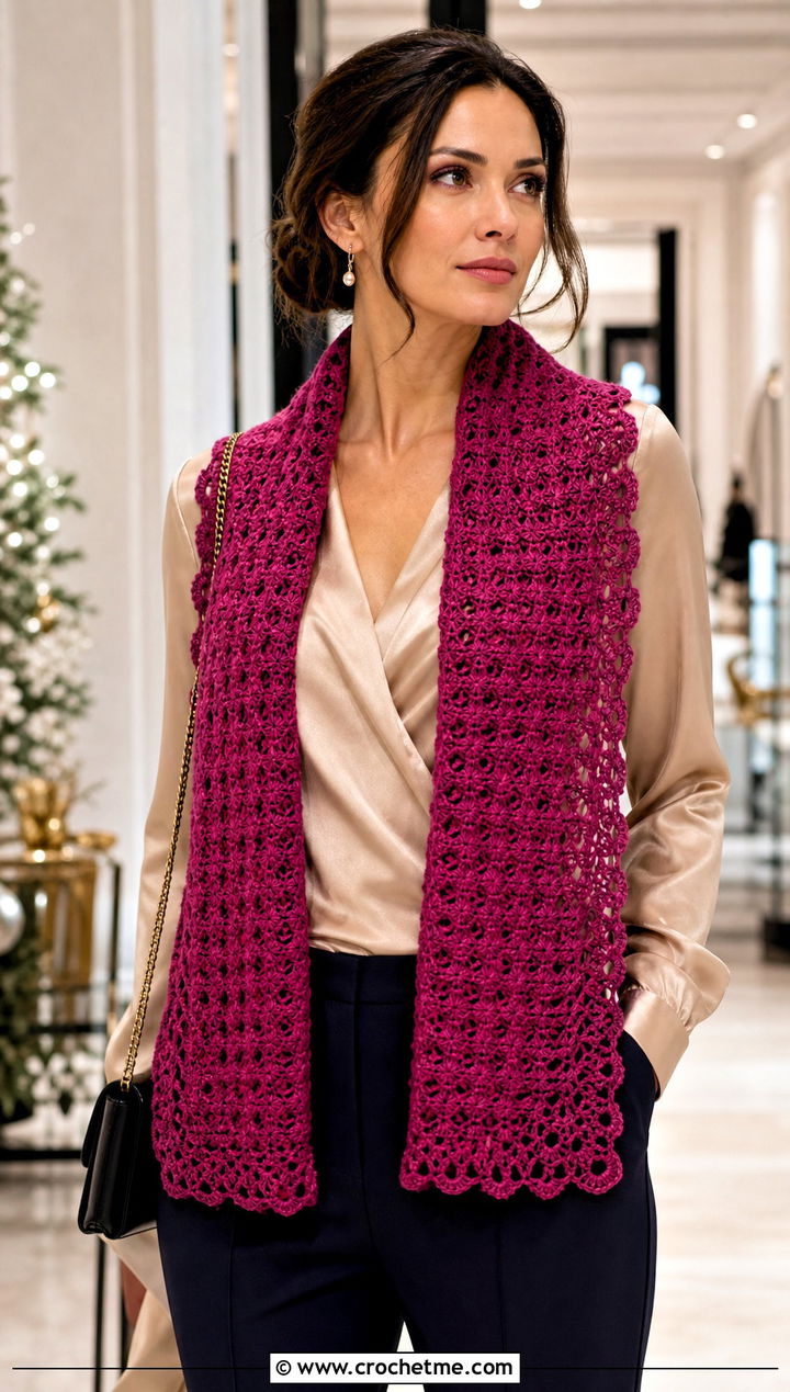 Rectangular Stole Crochet Mantle Scarf With Satin Blouse And Trousers - 20 Crochet Mantle Scarf outfit ideas