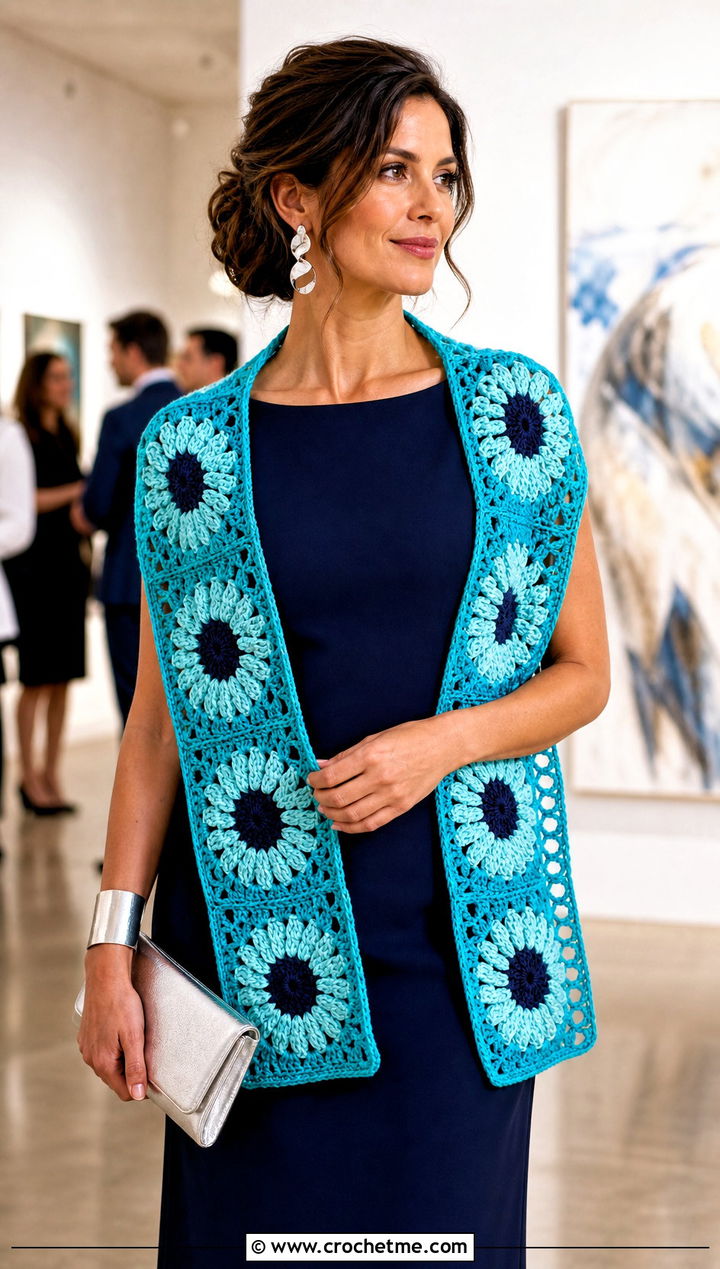 Rectangular Sunflower Crochet Stole With Column Dress - 20 Sunflower Crochet Shawl outfit ideas