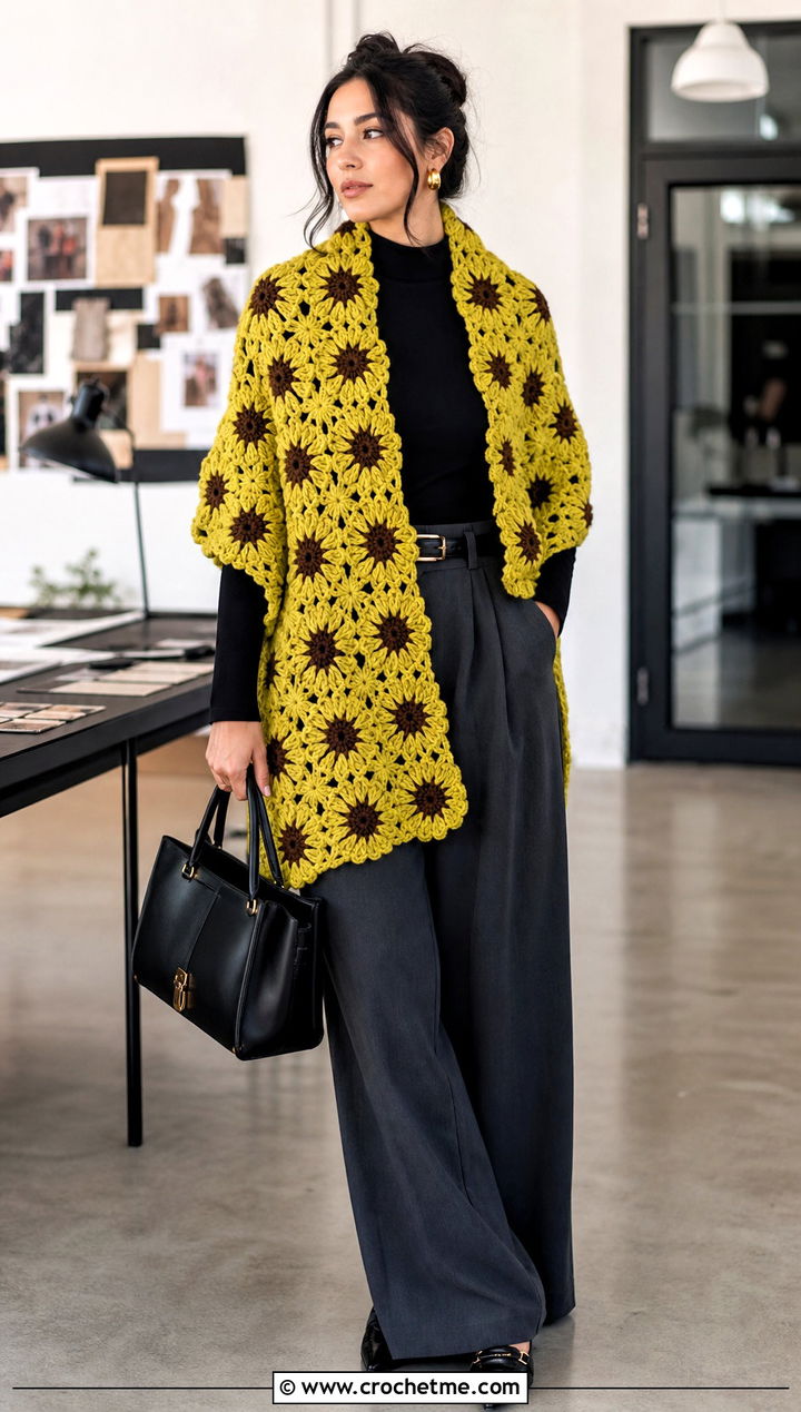 Rectangular Sunflower Crochet Wrap With Wide Leg Trousers - 20 Sunflower Crochet Shawl outfit ideas