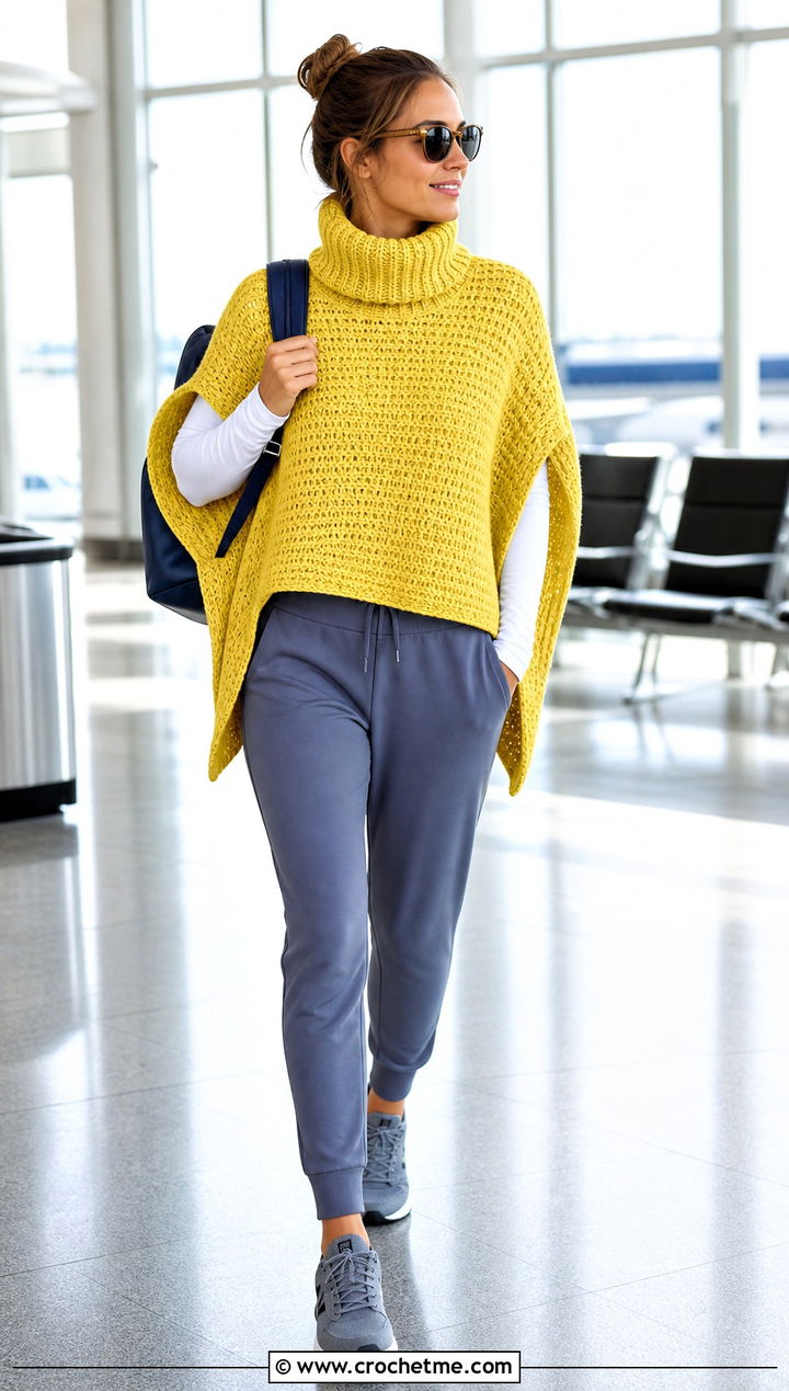 Rectangular Turtle Neck Crochet Poncho With Joggers - 25 Turtle Neck Crochet Poncho outfit ideas